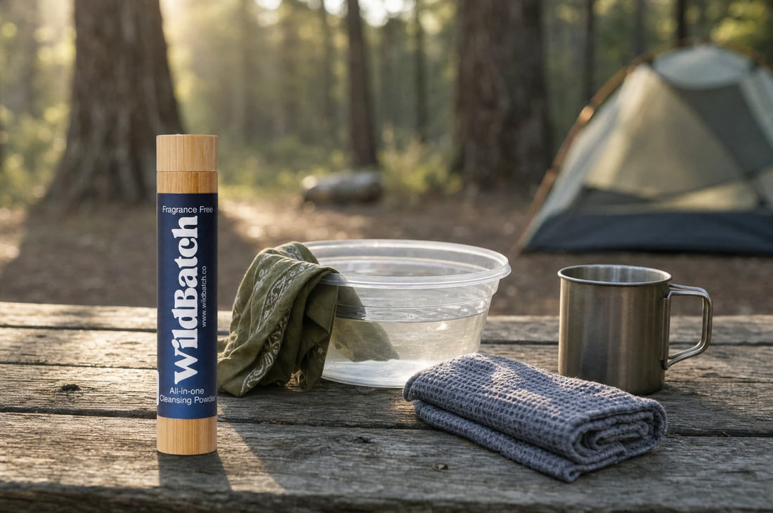 WildBatch Fragrance Free soap capsule beside a basin of water, bandana, and towel on a forest campsite picnic table