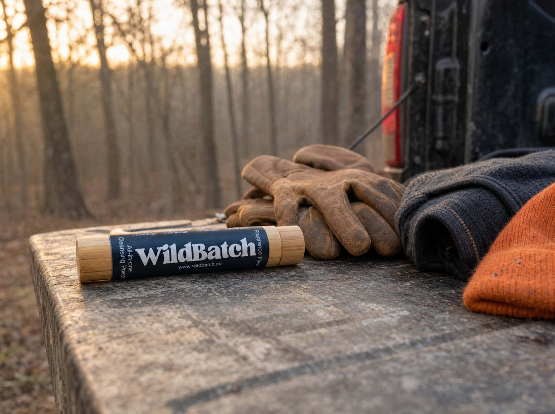 WildBatch Fragrance Free soap capsule lying beside hunting gloves and a folded base layer on a tailgate at a deer hunting camp